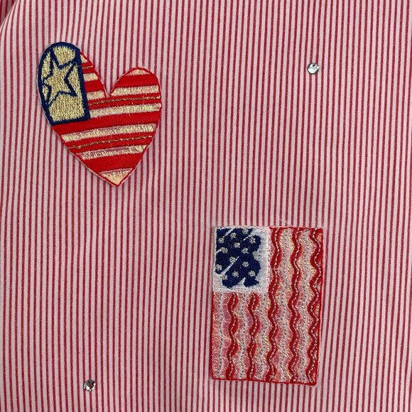 MiLi Designs Womens Plus 1X Button Up Shirt Heart Patches Red Striped Blouse Top - Picture 11 of 11
